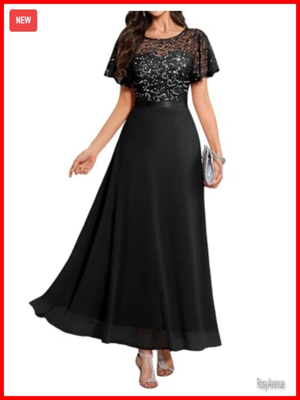Formal Lace Chiffon Sequin Long Dress Short Sleeve Empire Waist